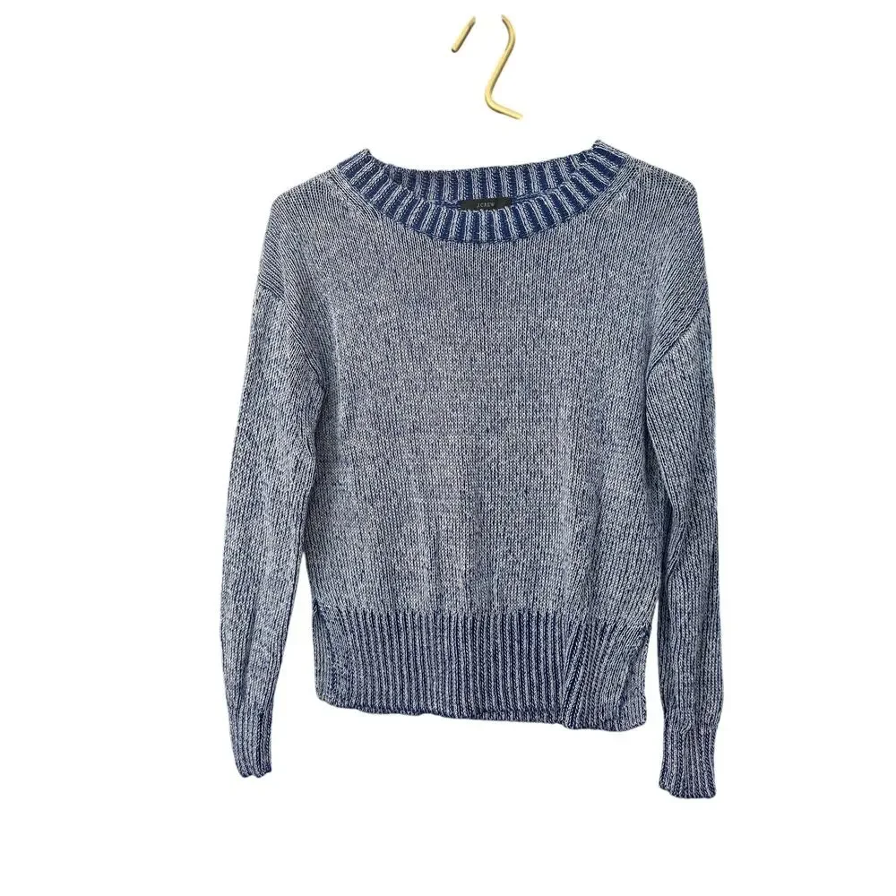 JCrew Blue White Cotton Linen Marl Knit Sweater XXS Crewneck Pullover Split Hem